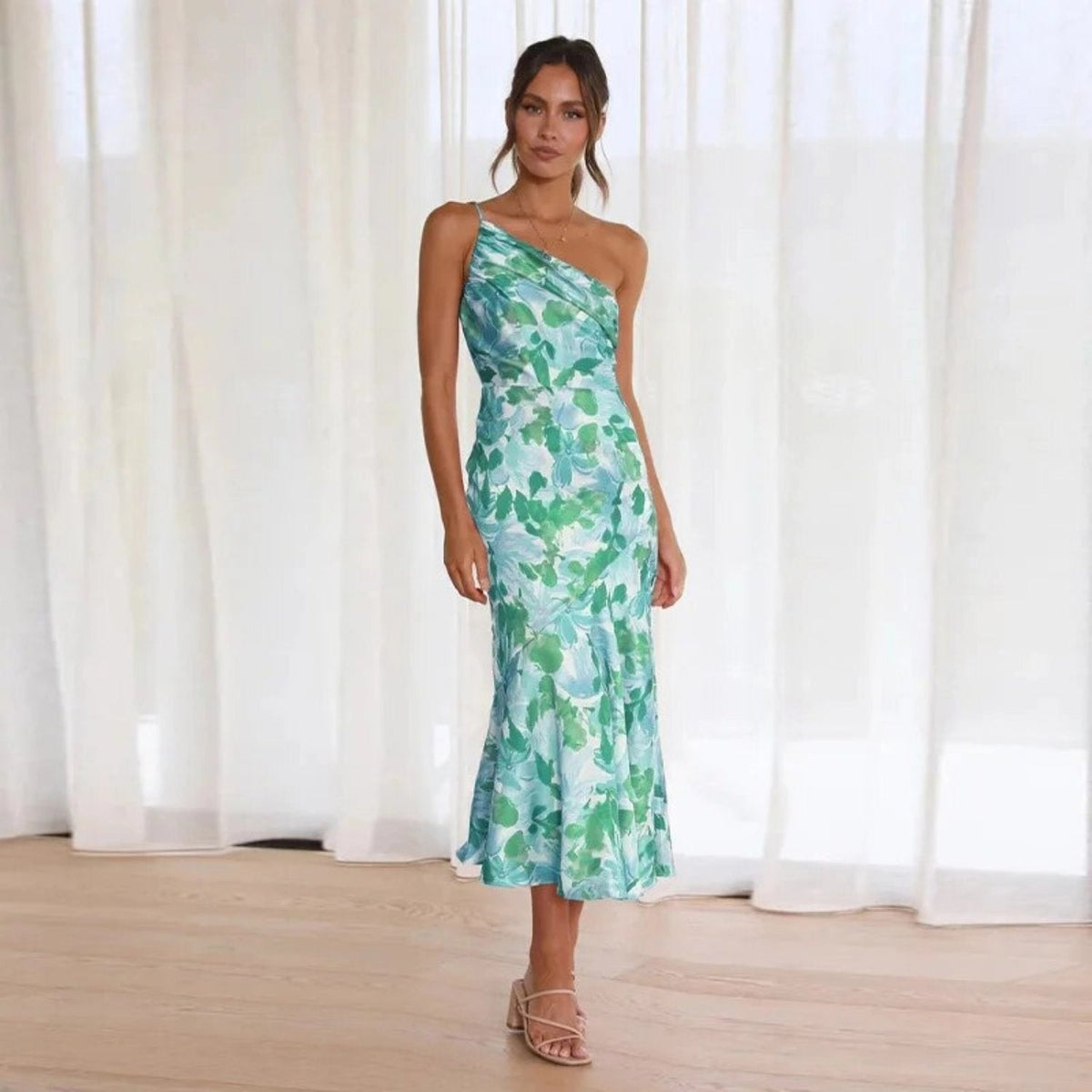 Floral Print One Shoulder Ruched Satin Mermaid Midi Dress 3