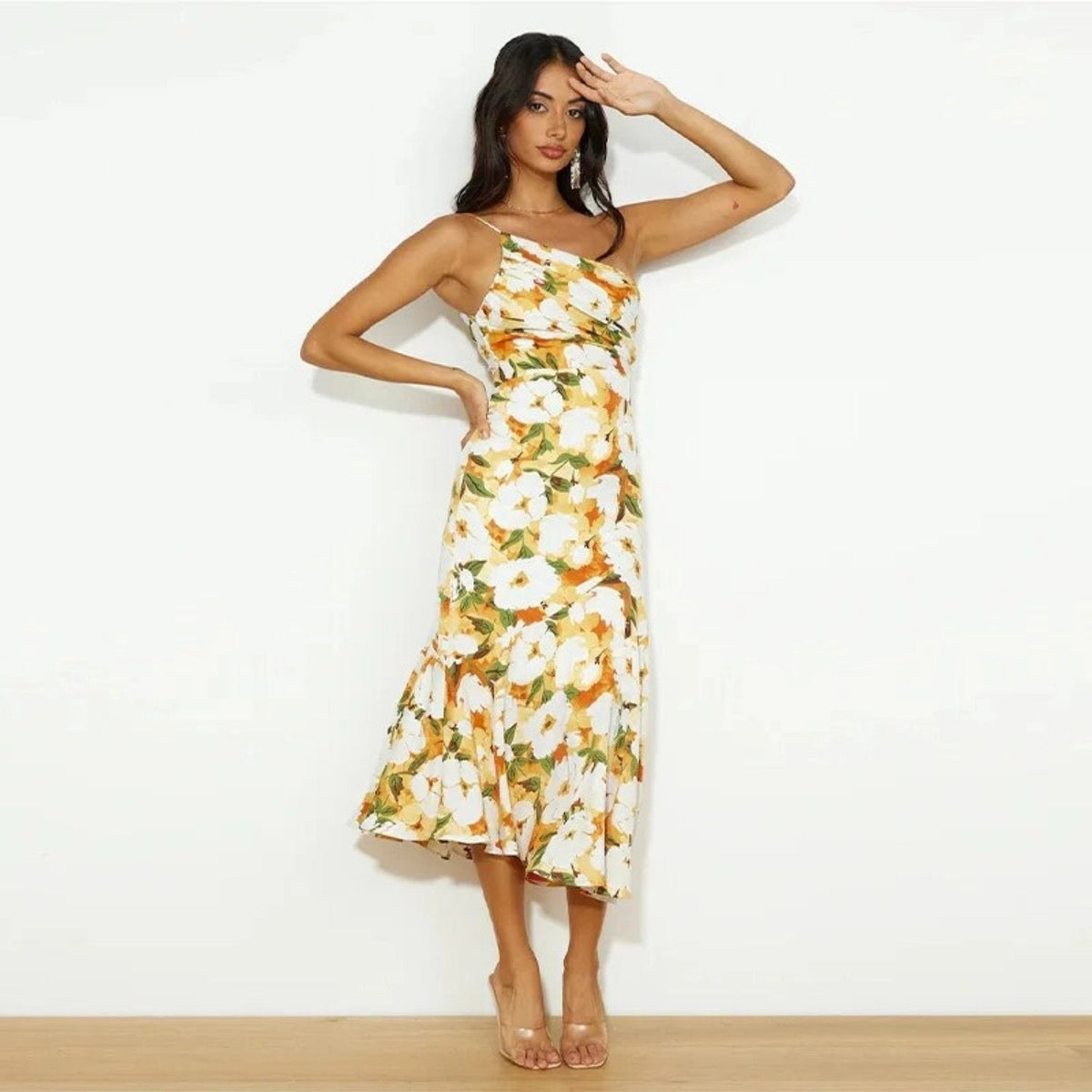 Floral Print One Shoulder Ruched Satin Mermaid Midi Dress 4