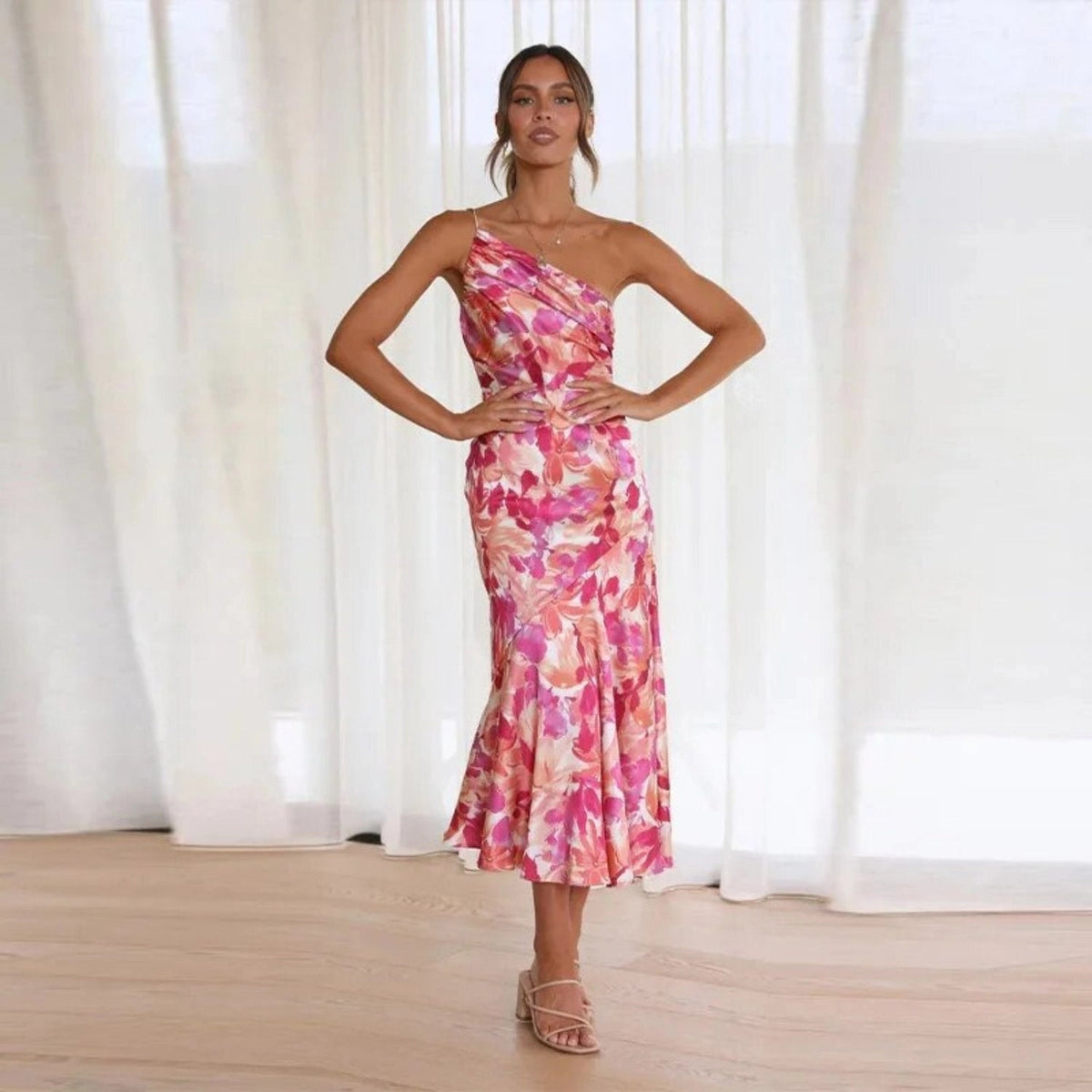 Floral Print One Shoulder Ruched Satin Mermaid Midi Dress 2