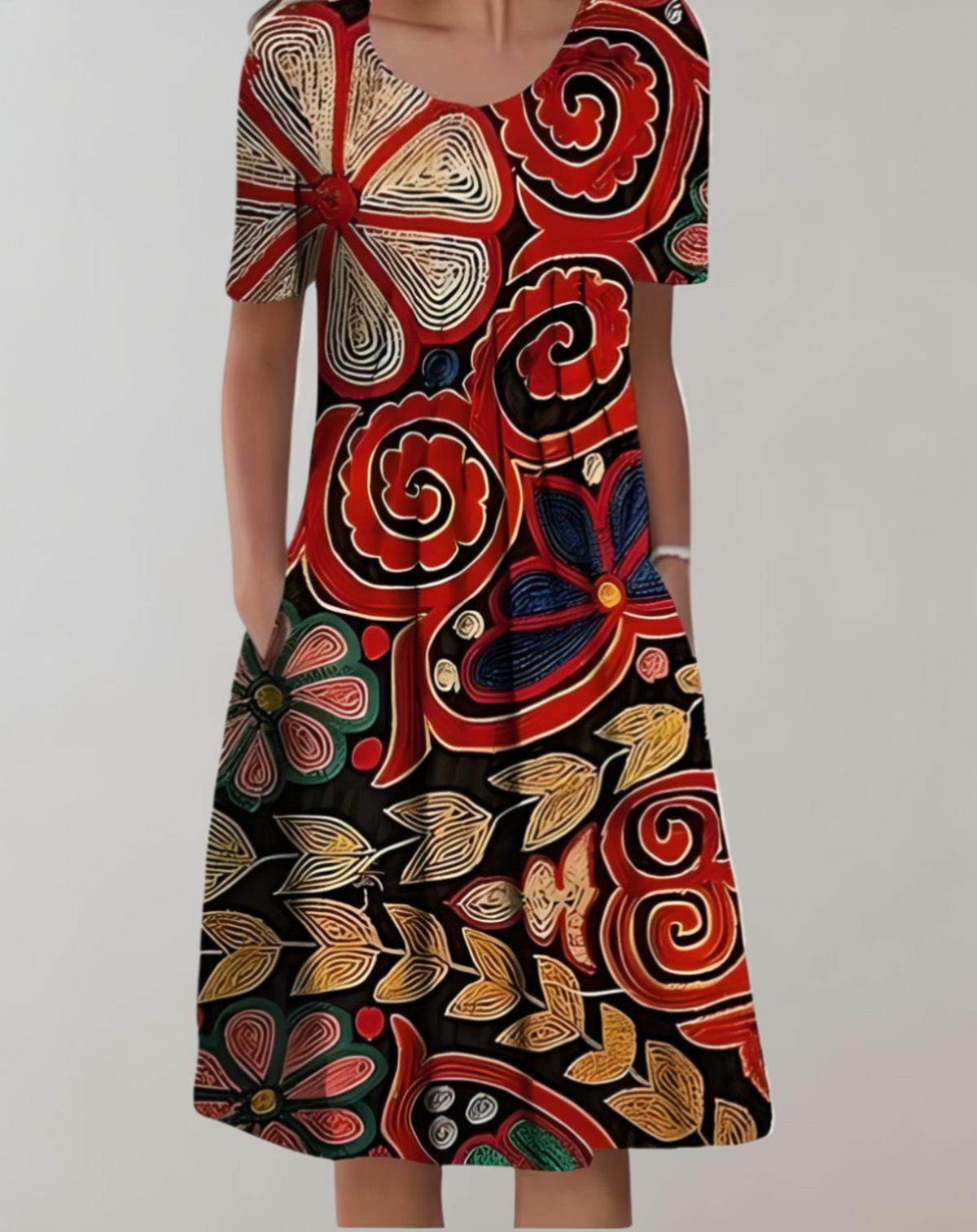 Round Neck Short Sleeve Pocket Shift Midi Dress
