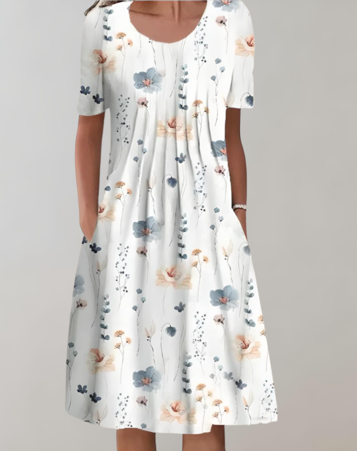 Round Neck Short Sleeve Pocket Shift Midi Dress - View 3