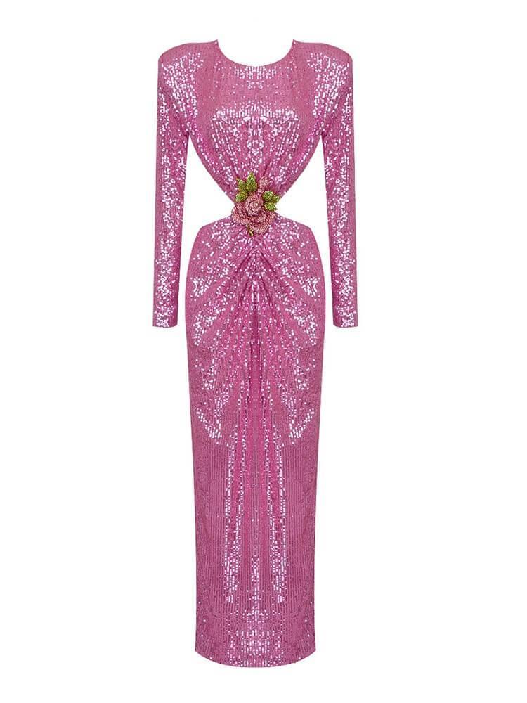 Sequin Long Sleeve Rosette Cut Out Bodycon Maxi Gown - View 6