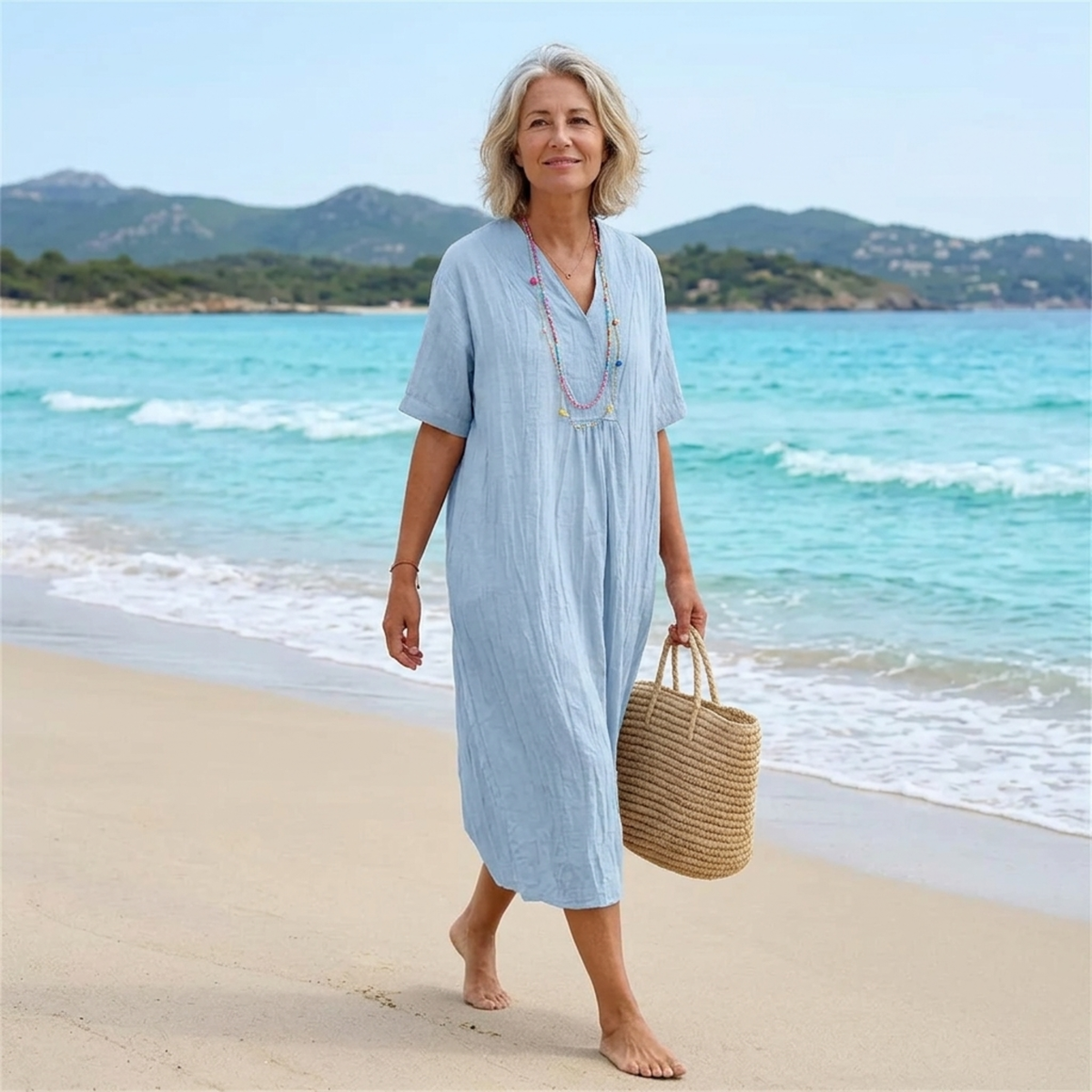 Split Neck Short Sleeve Linen Look Maxi Dress