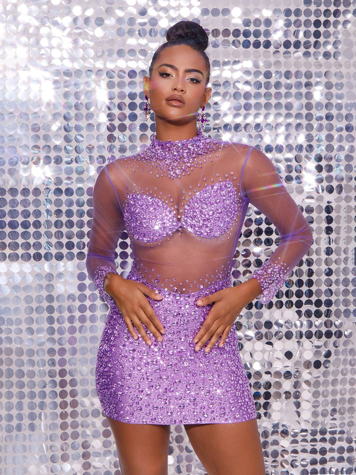 Azami Mesh Crystal Mini Dress In Purple - View 2