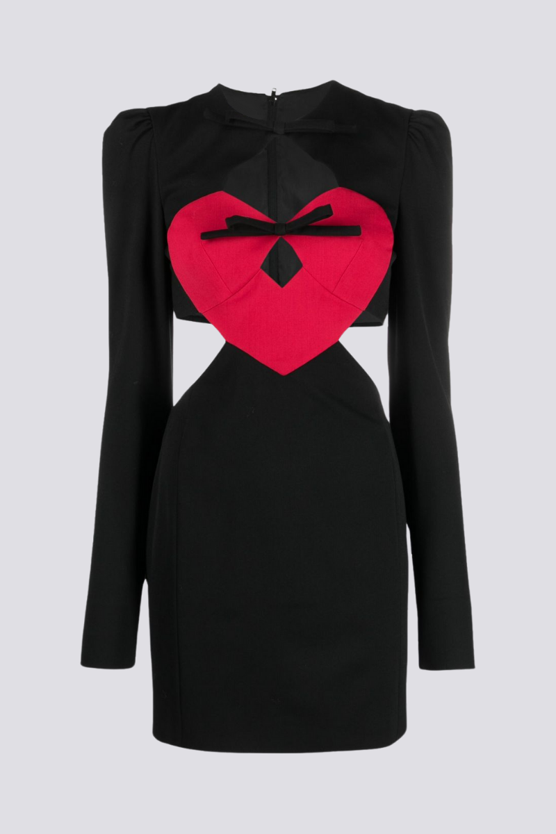 Bow Neck Heart Patch Waist Cut Out Long Sleeve Puff Mini Dress - View 3