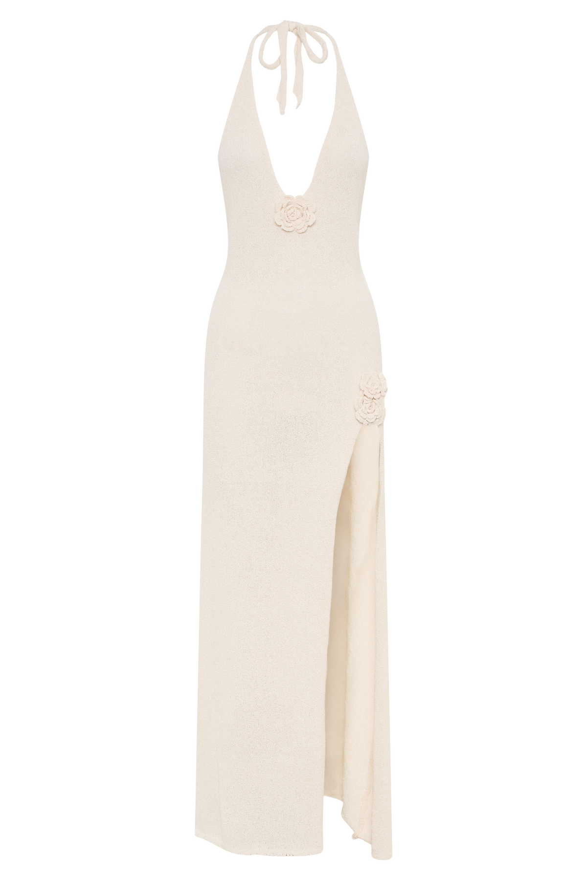 Knit Halter Neck Deep V-Neck Floral Applique High Split Maxi Dress - View 17