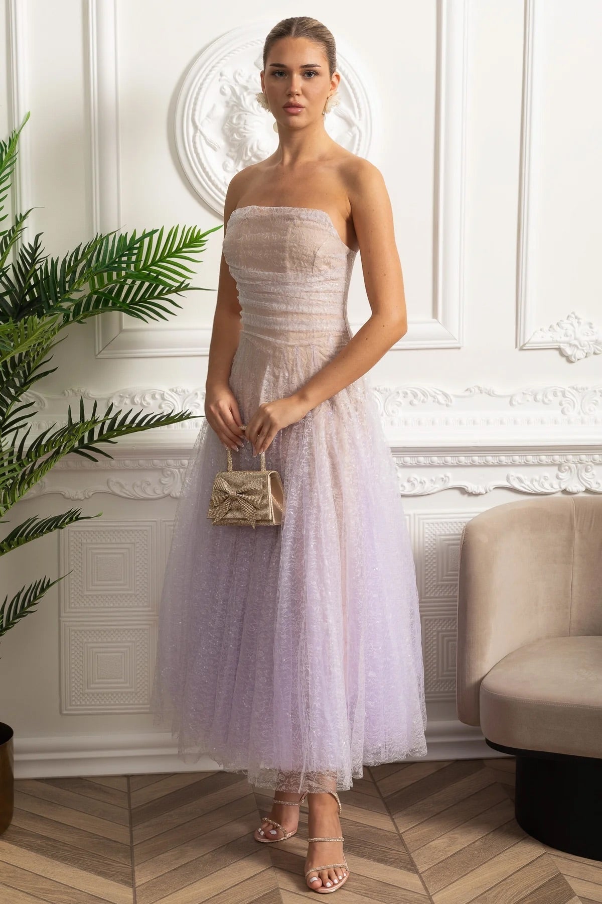 Strapless A-Line Midi Dress - Lilac Gradient - View 4