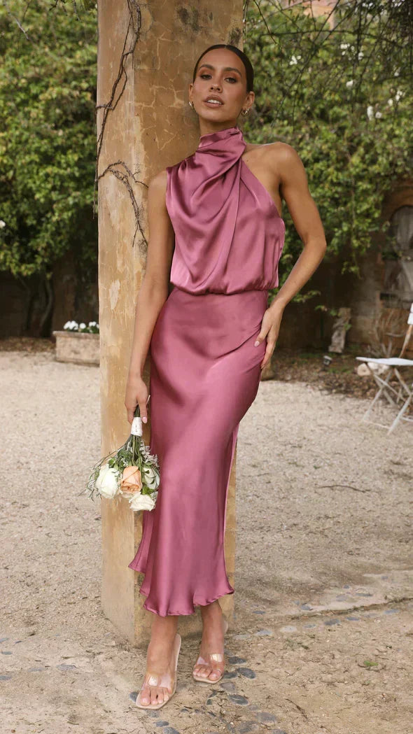 Satin Halter Neck Cowl Draped Blouson Midi Dress - View 16