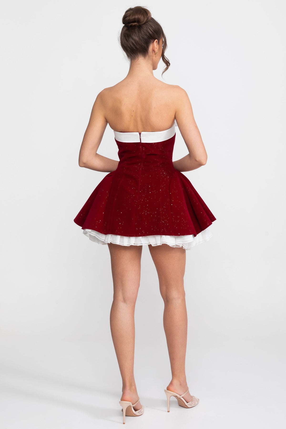Strapless Velvet Mini Dress With Satin Bow And Ruffle Hem - Red - View 3
