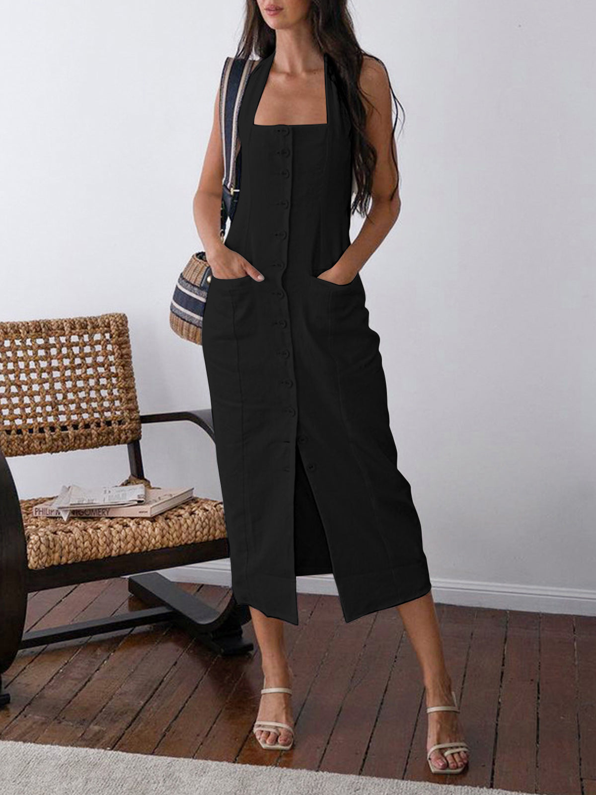 Square Neck Halter Strap Button Front Slit Midi Dress - View 3