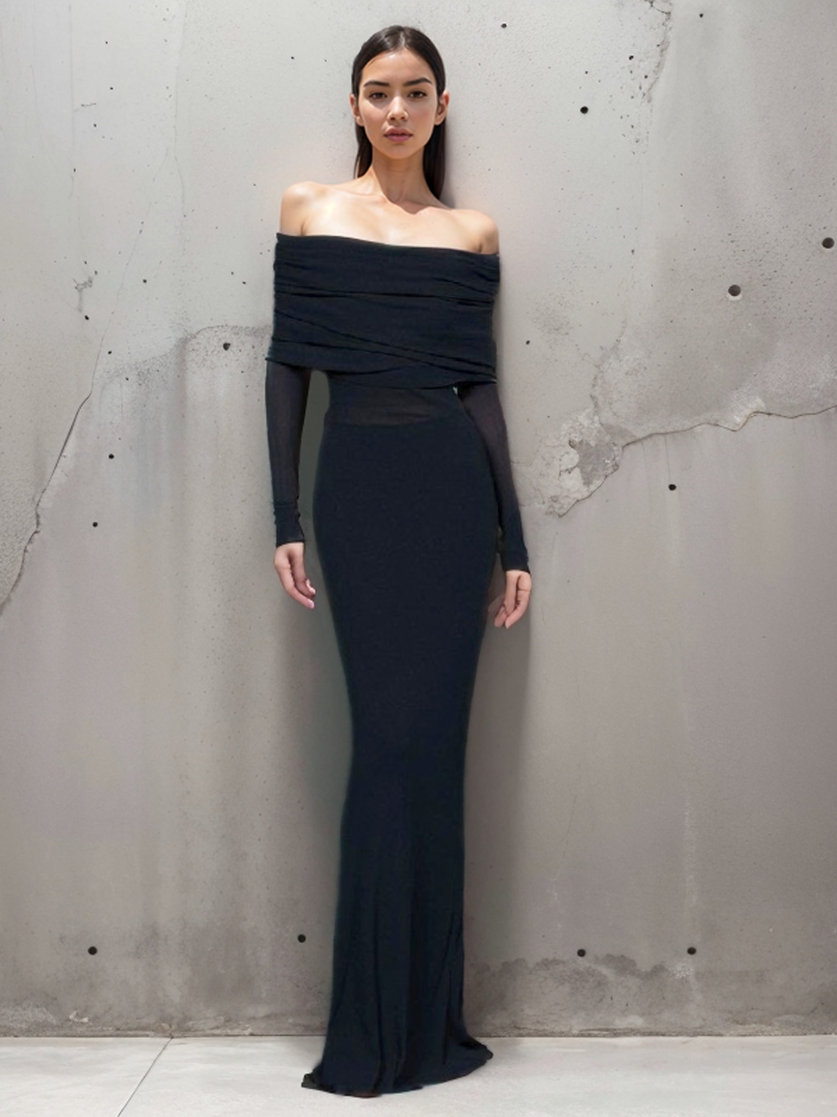 Overfold Off-Shoulder Mesh Long Sleeve Long Dress in Black - View 3