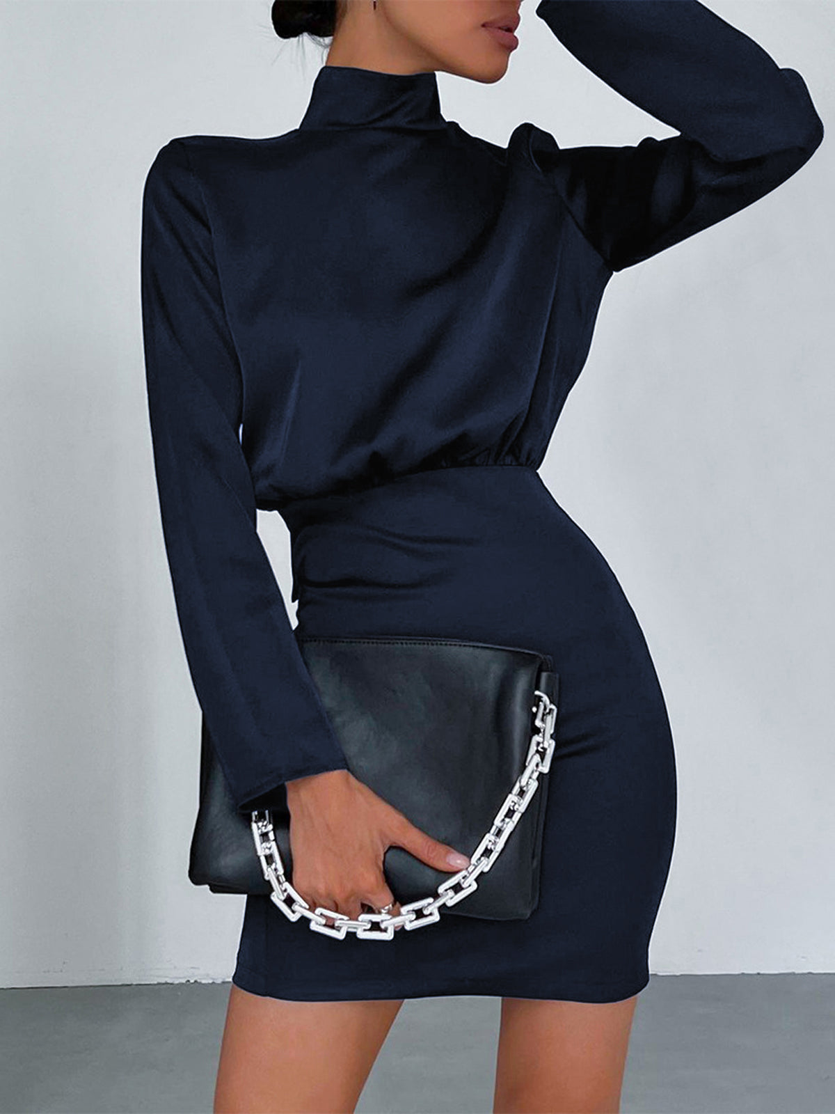 Satin Mock Neck Long Sleeve Bow Tie Back Open Back Mini Dress - View 7