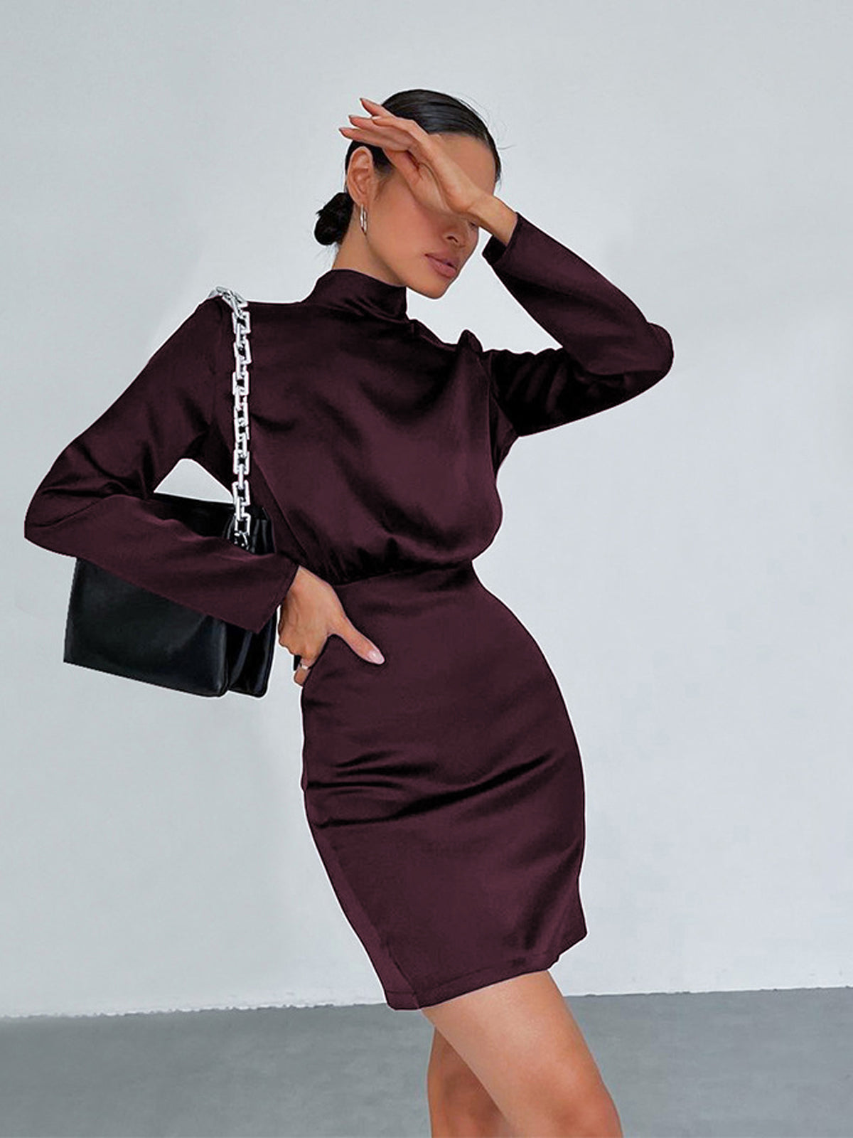 Satin Mock Neck Long Sleeve Bow Tie Back Open Back Mini Dress - View 5