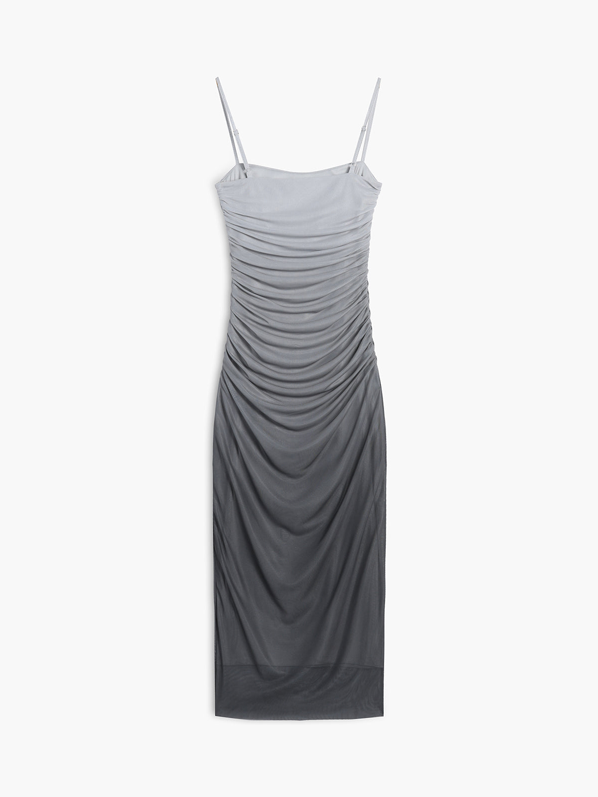 Mesh Square Neck Spaghetti Strap Ruched Zip Front Bodycon Midi Dress - View 4