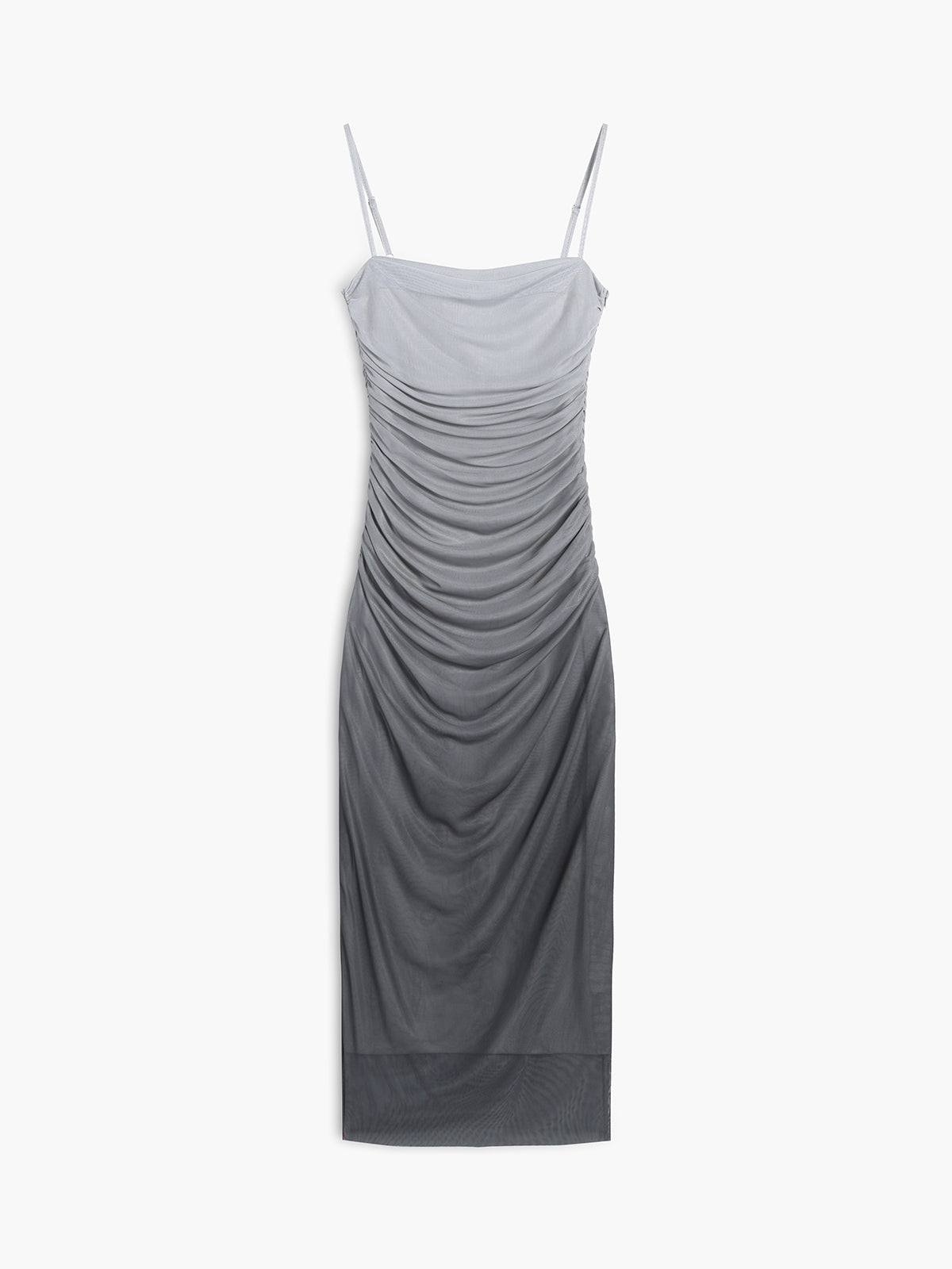 Mesh Square Neck Spaghetti Strap Ruched Zip Front Bodycon Midi Dress - View 7