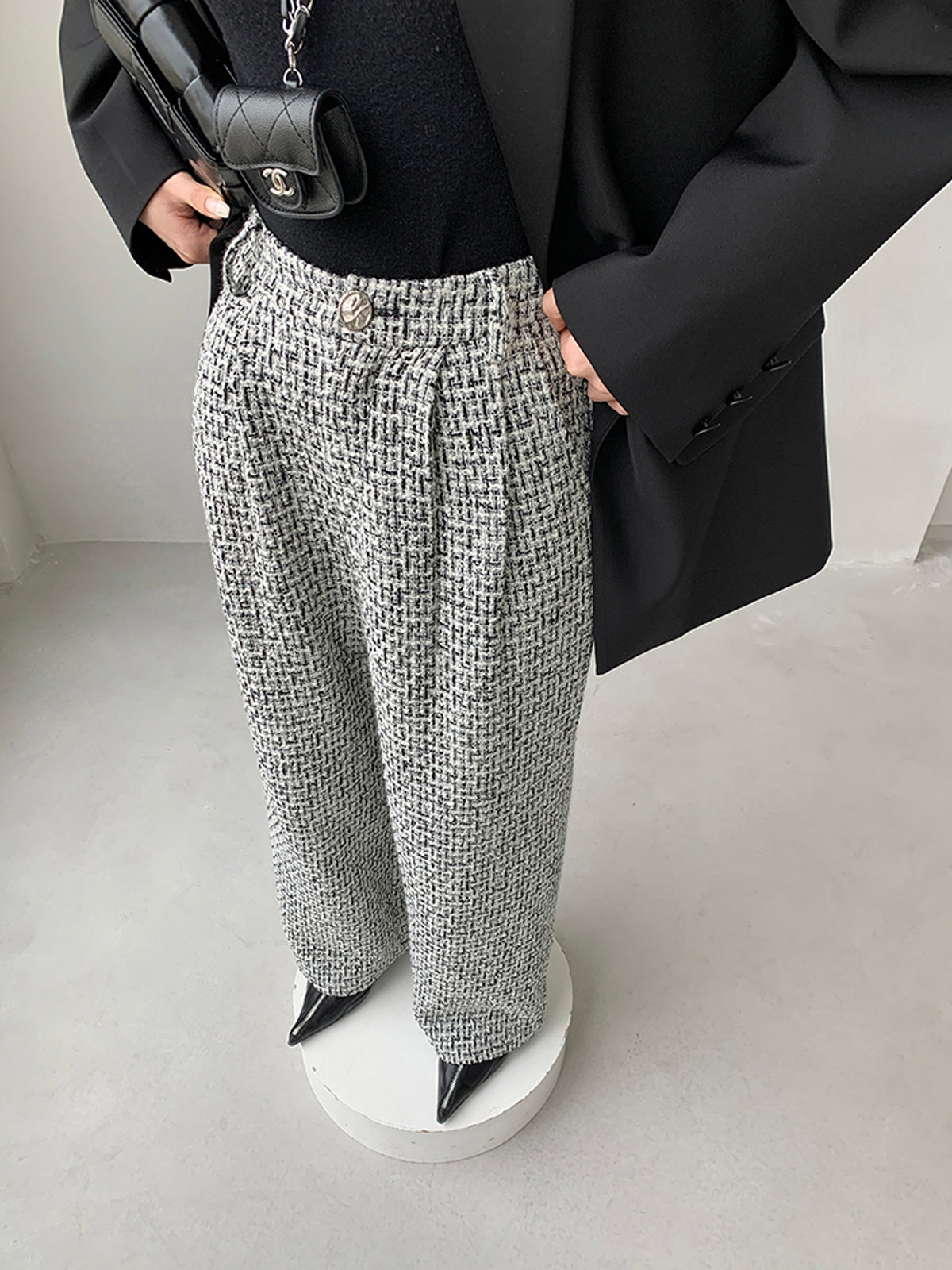 Tweed Houndstooth Wide Leg High Waist Dress Pants - View 4