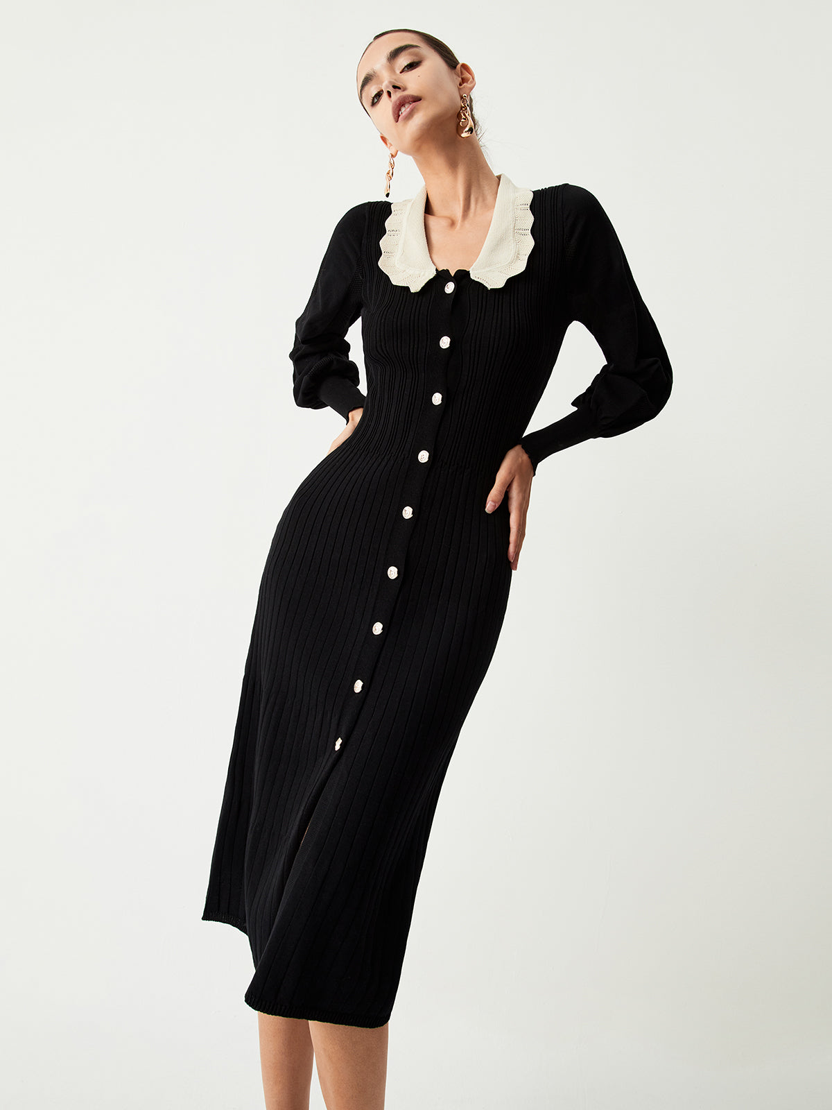 Contrast Eyelet Collar Long Modern Sleeve Midi Sweater
