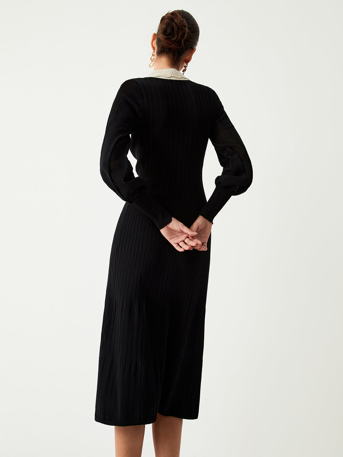 Contrast Eyelet Collar Long Modern Sleeve Midi Sweater