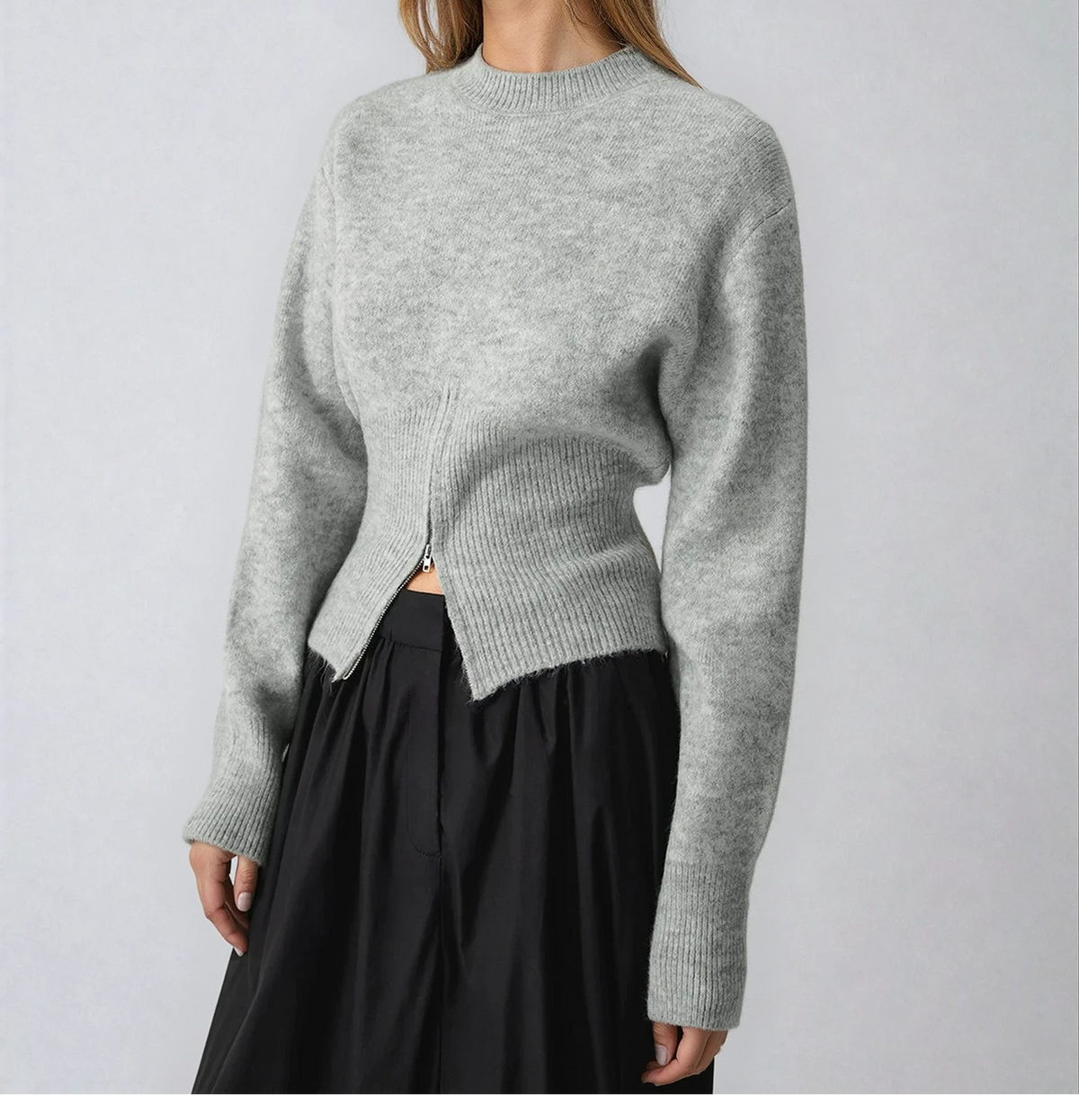 Mock Neck Long Sleeve Side Zip Hem Knit Sweater
