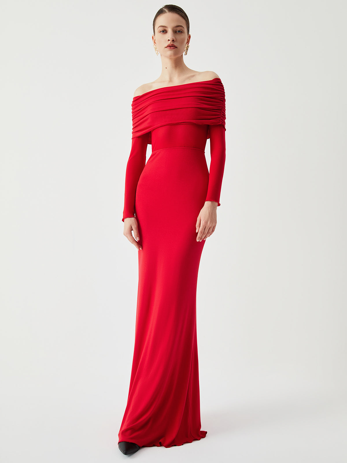 Overfold Off Shoulder Mesh Long Sleeve Long Dress - View 4