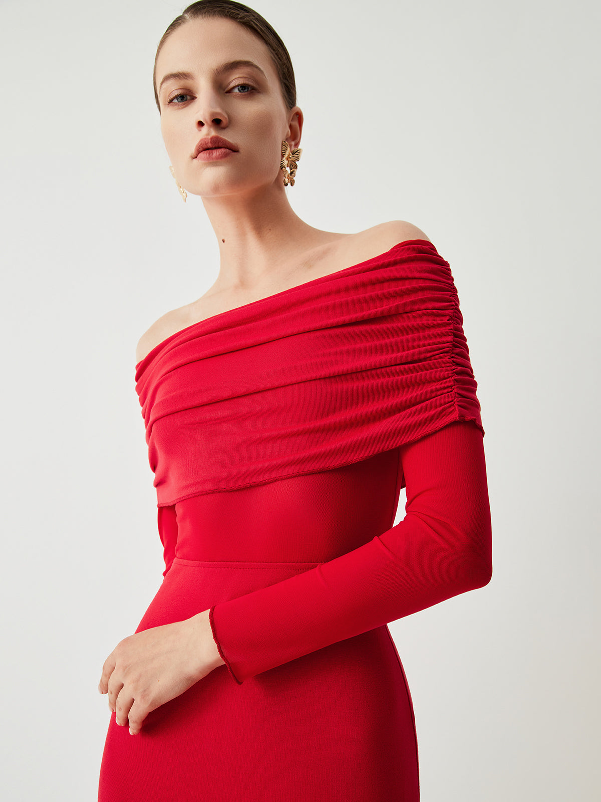 Overfold Off-Shoulder Mesh Long Sleeve Long Dress - View 6