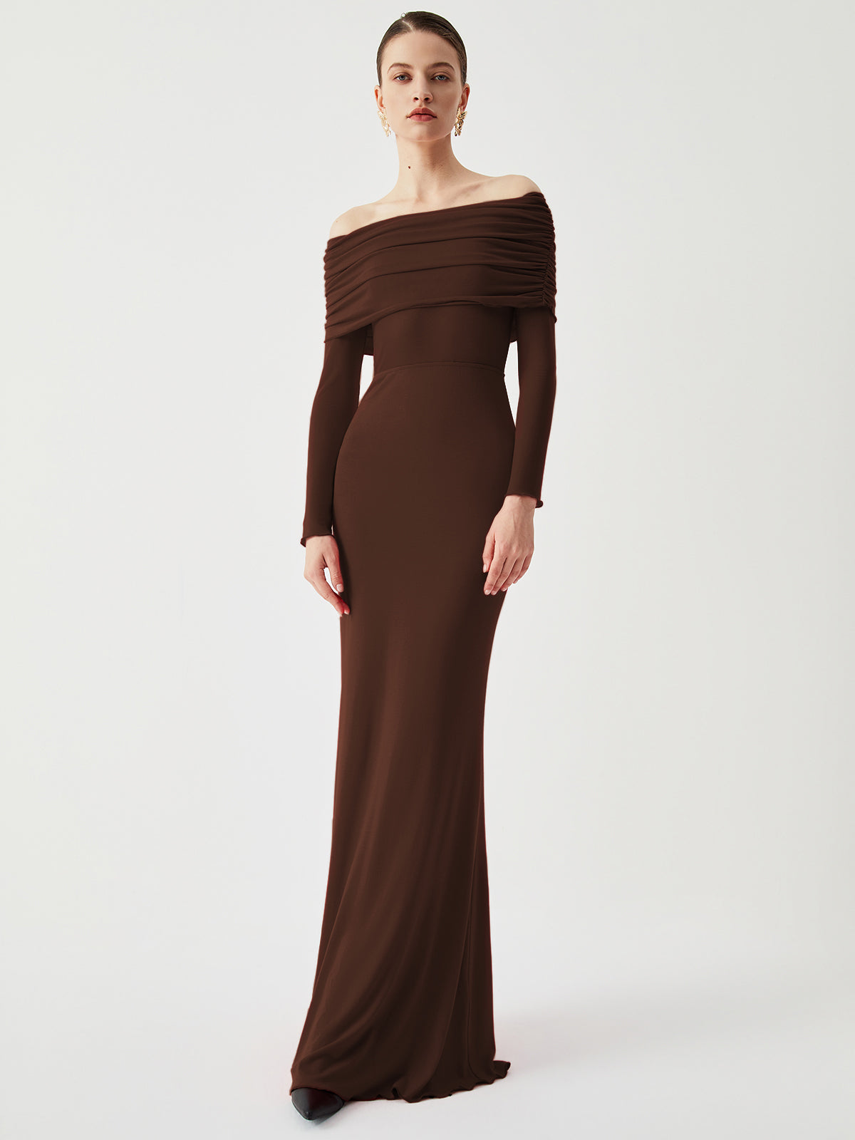 Overfold Off Shoulder Mesh Long Sleeve Long Dress - View 10