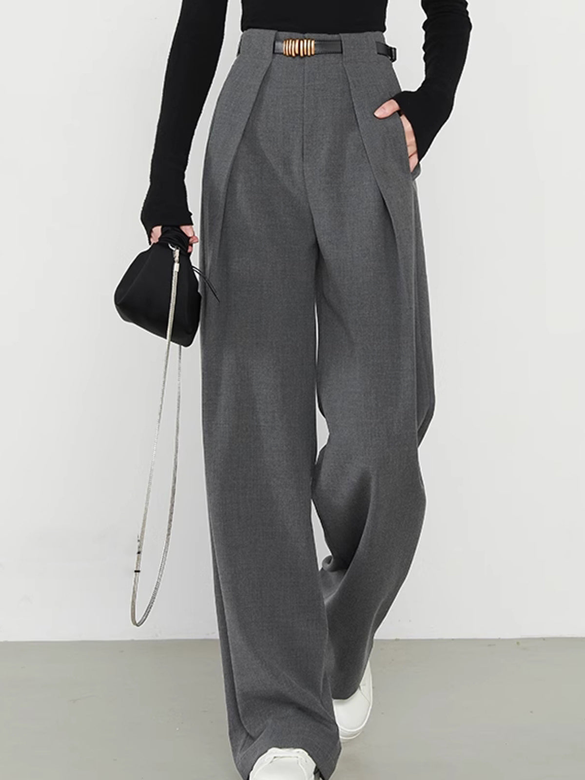 Middle Waist Solid Trendy Pocket Straight Leg Pants