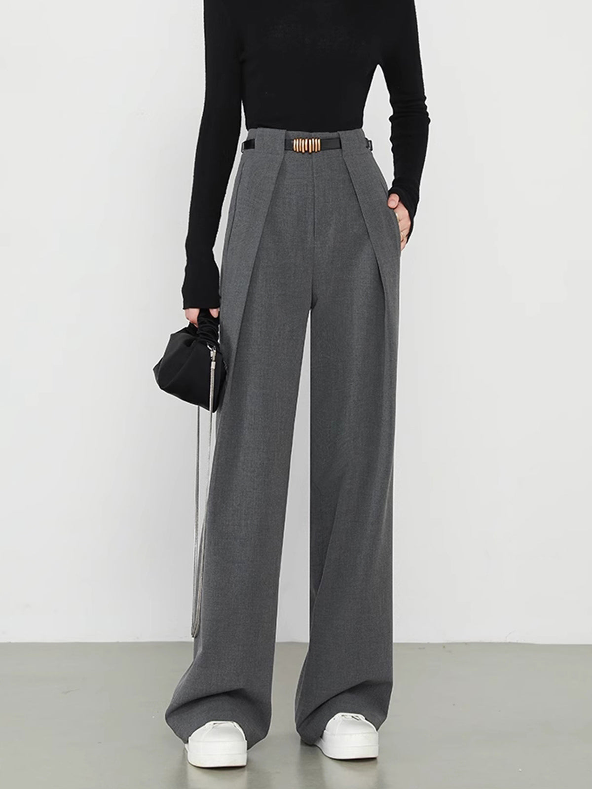 Middle Waist Solid Trendy Pocket Straight Leg Pants