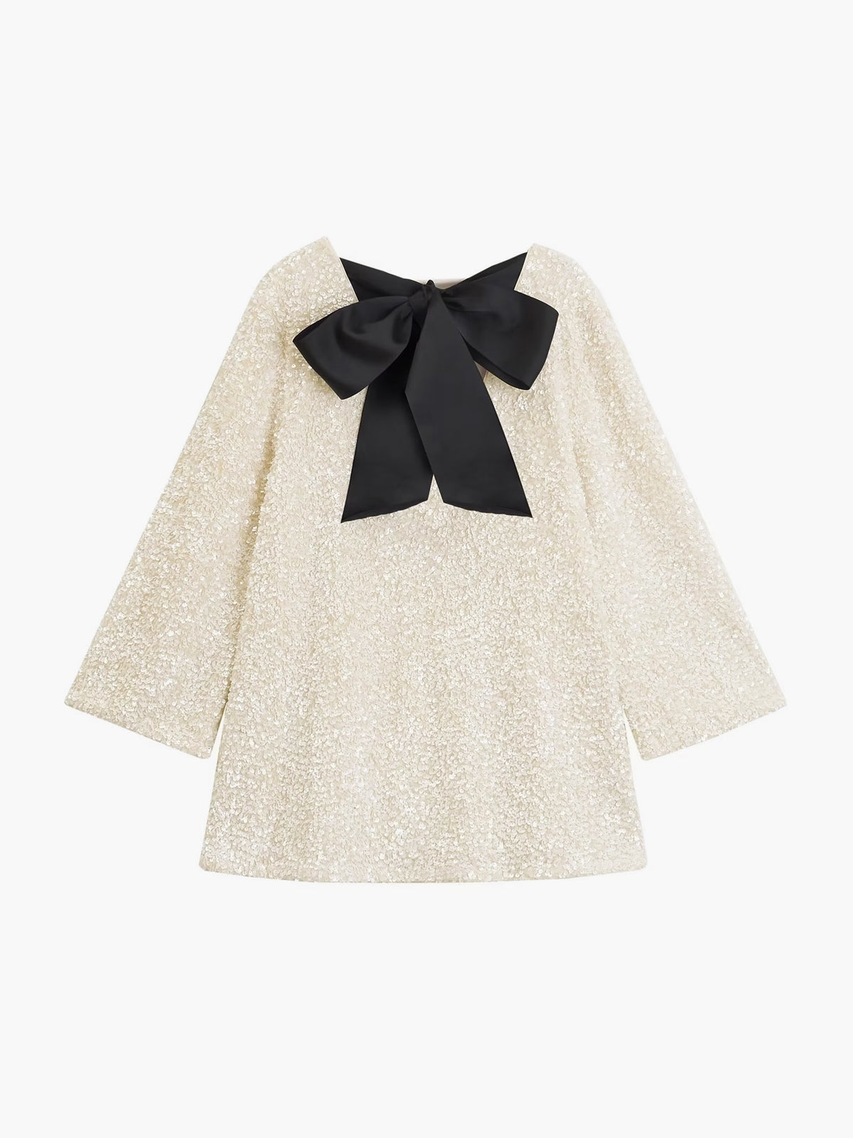 Sequin Bow Neck Long Sleeve Swing Mini Dress