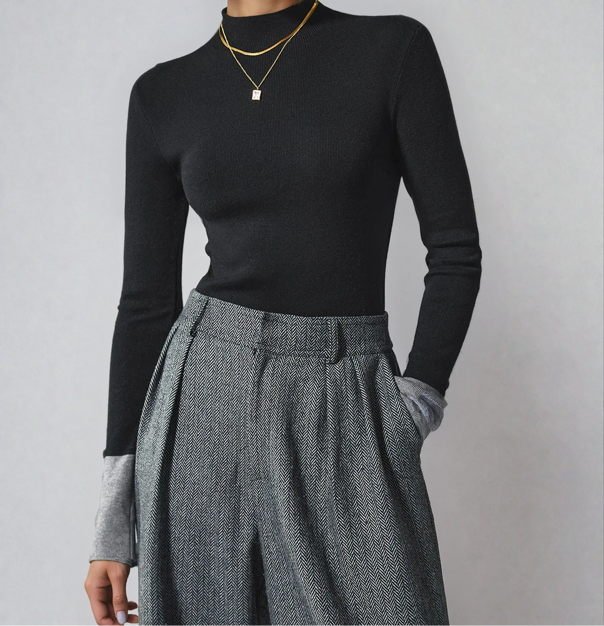 Mock Neck Long Sleeve Contrast Cuff Ribbed Knit Sweater