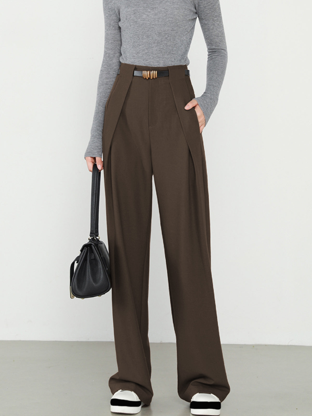 Middle Waist Solid Trendy Pocket Straight Leg Pants Dark Brown / XS Pants