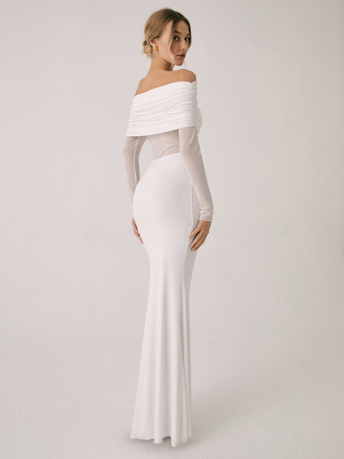 Overfold Off Shoulder Mesh Long Sleeve Long Dress - View 12