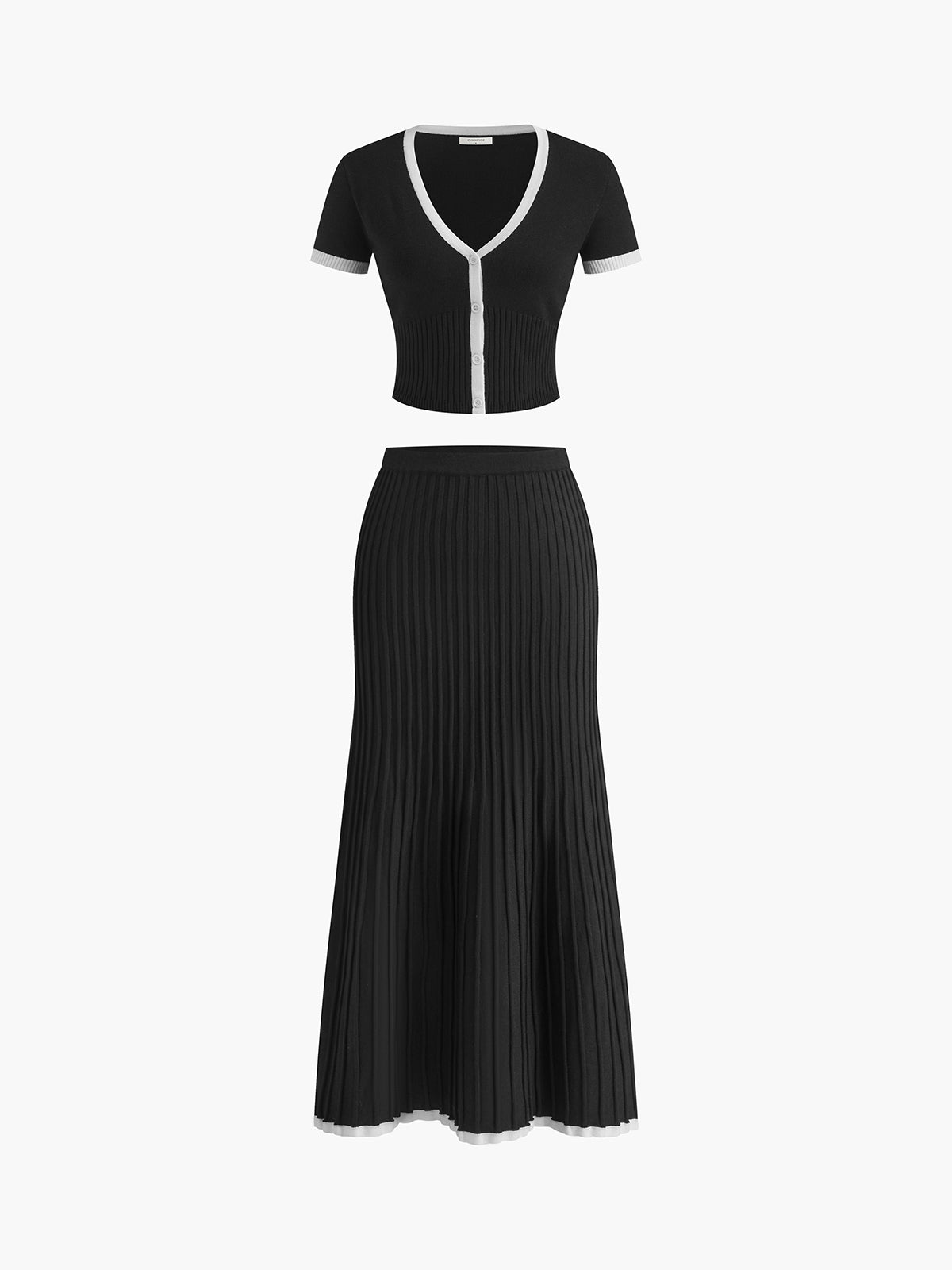 Ribbed Knit Deep V-Neck Contrast Trim Flared Maxi Dress - View 6