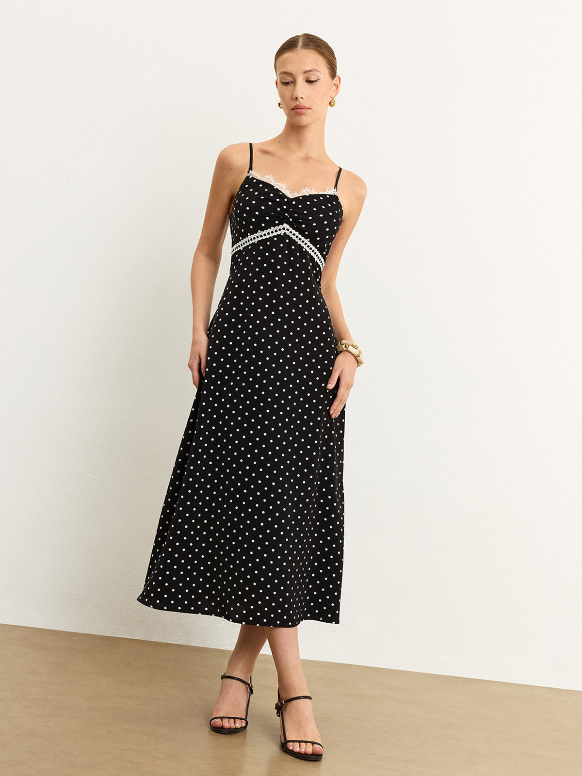 Polka Dot Lace Trim Midi Dress