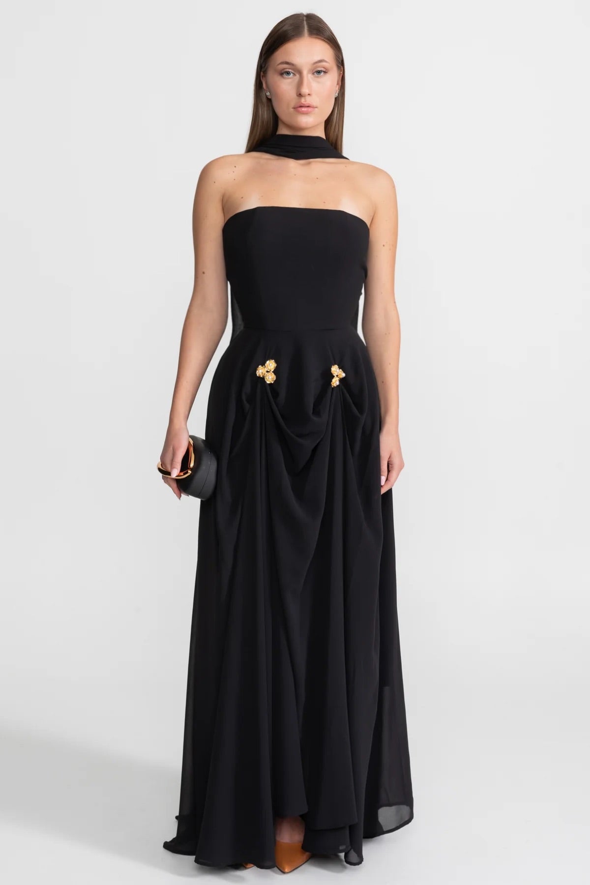 Strapless Scarf Neck Draped Floral Brooch A-Line Maxi Gown - View 2