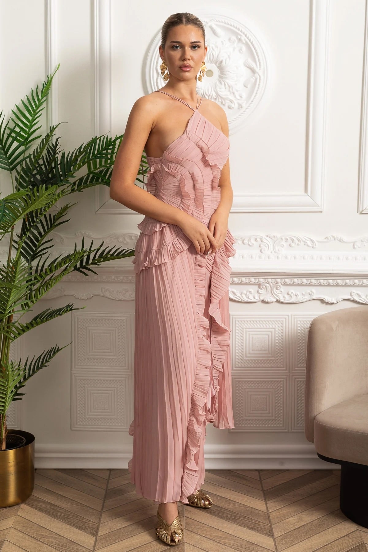 Pleated Halter Midi Dress With Cascading Ruffle Details - Pink - View 6