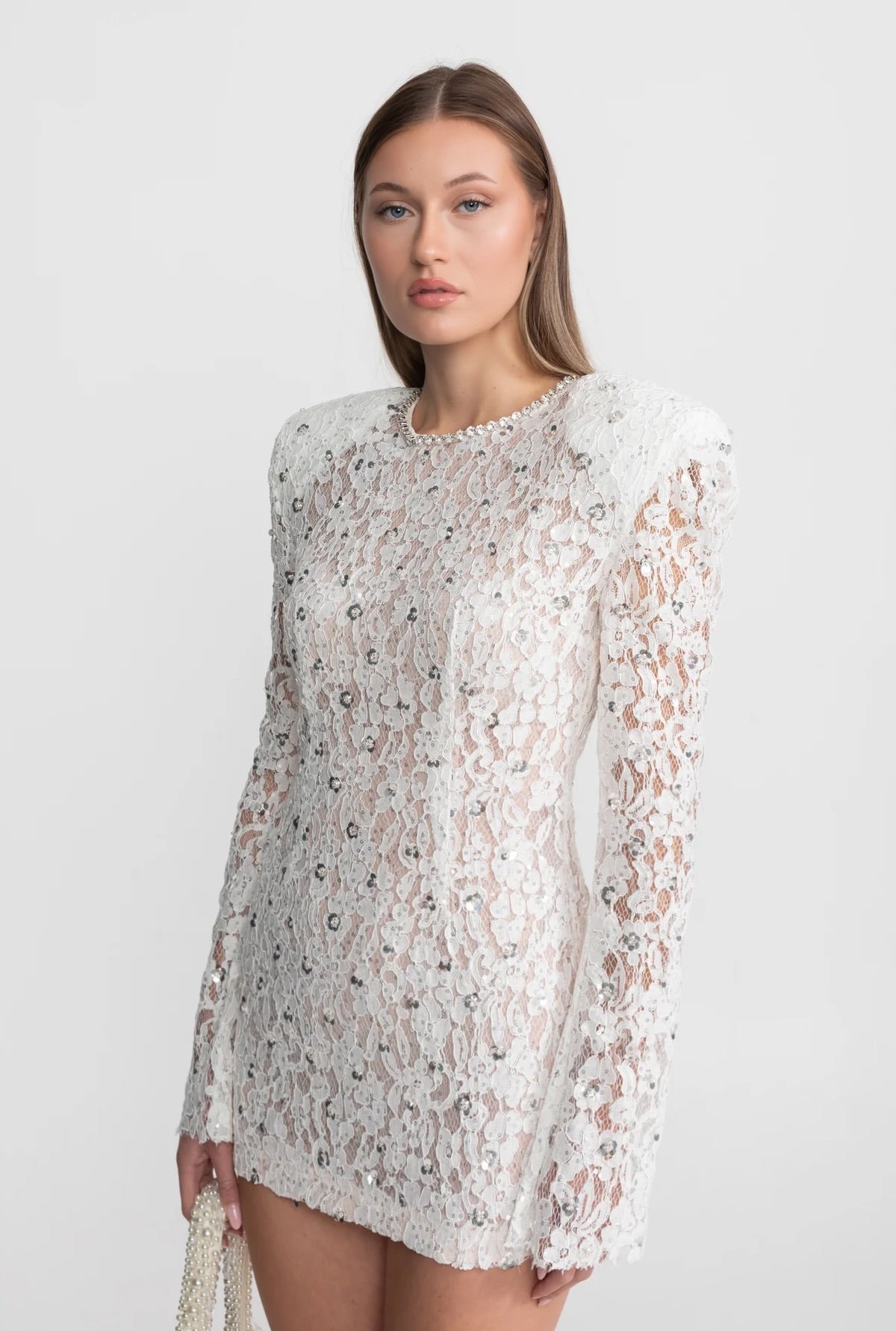 Sequin Lace Mini Dress With Structured Shoulders – White - View 5