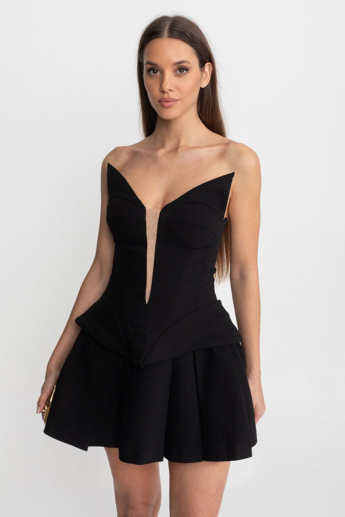 Strapless Mesh Insert Corset Peplum Pleated Mini Cocktail Dress