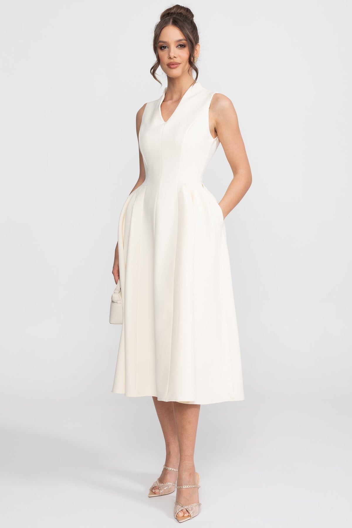 A-Line Midi Dress With Structured Cape Shoulders - Cream - View 5