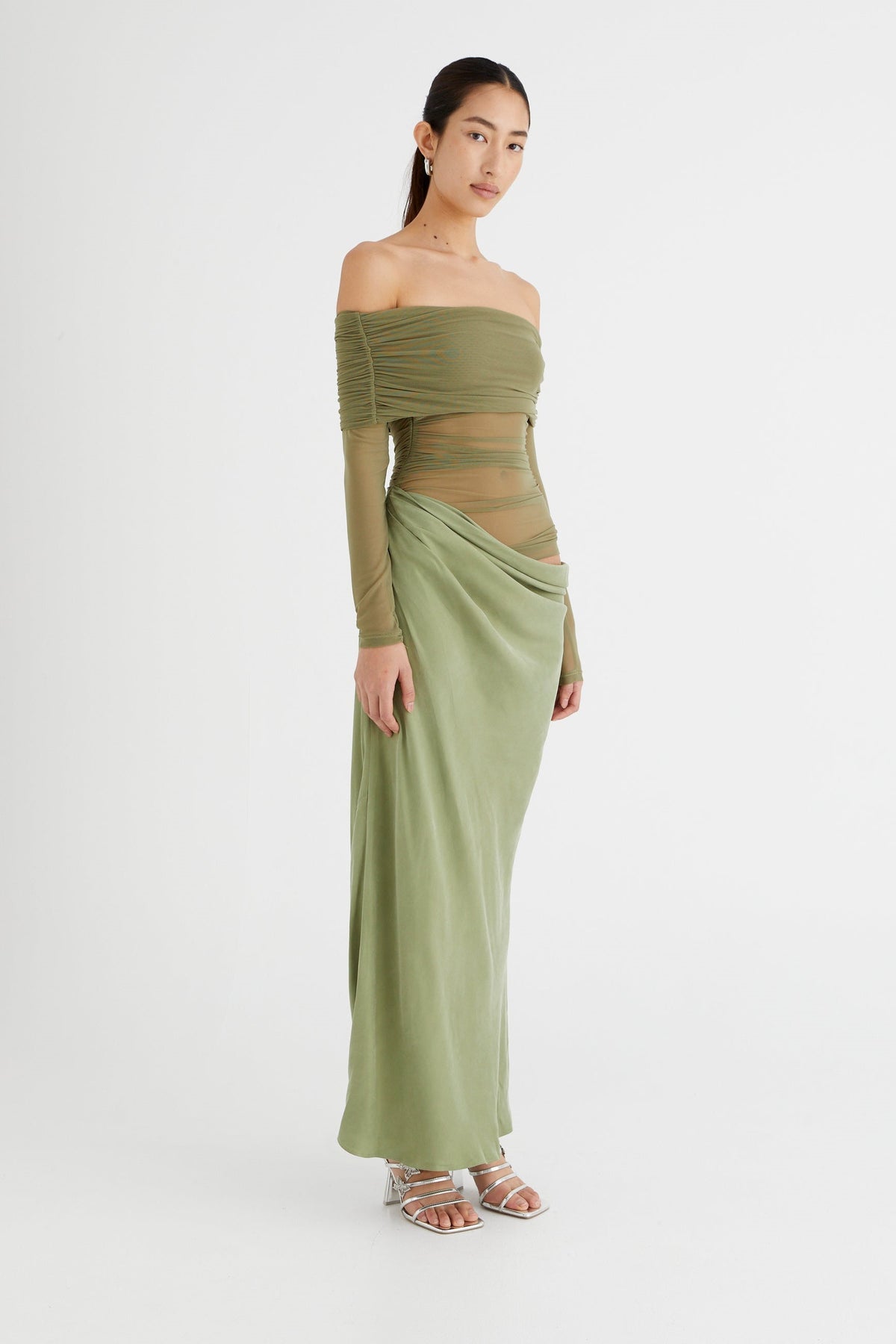 Lillian Off Shoulder Sheer Maxi Mesh Dress in Black - View 8