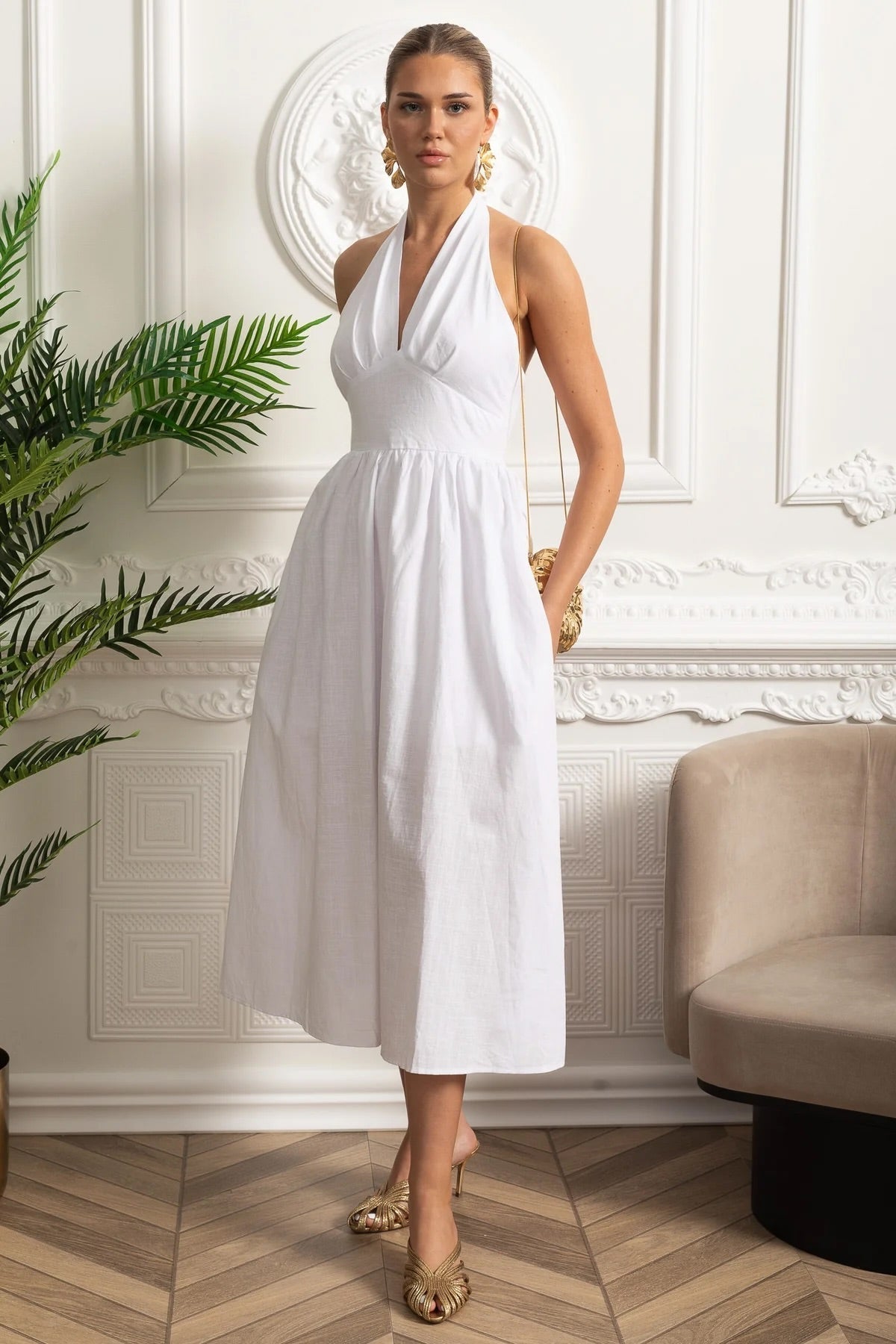 Halterneck Midi Dress With A-line Gathered Skirt - White - View 2