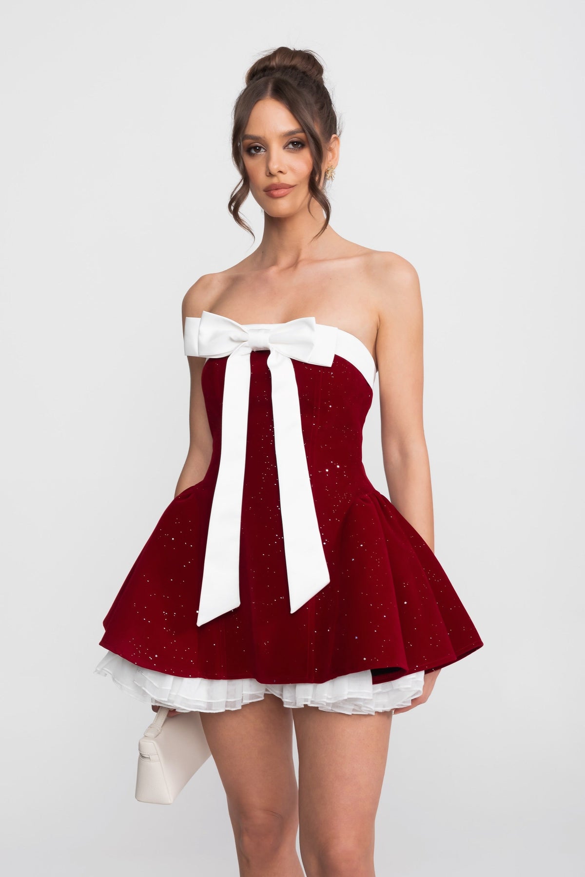 Strapless Velvet Mini Dress With Satin Bow And Ruffle Hem - Red - View 2