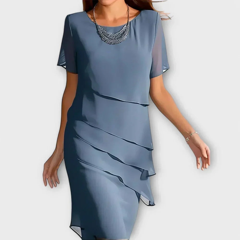 Chiffon Round Neck Short Sleeve Tiered Midi Dress