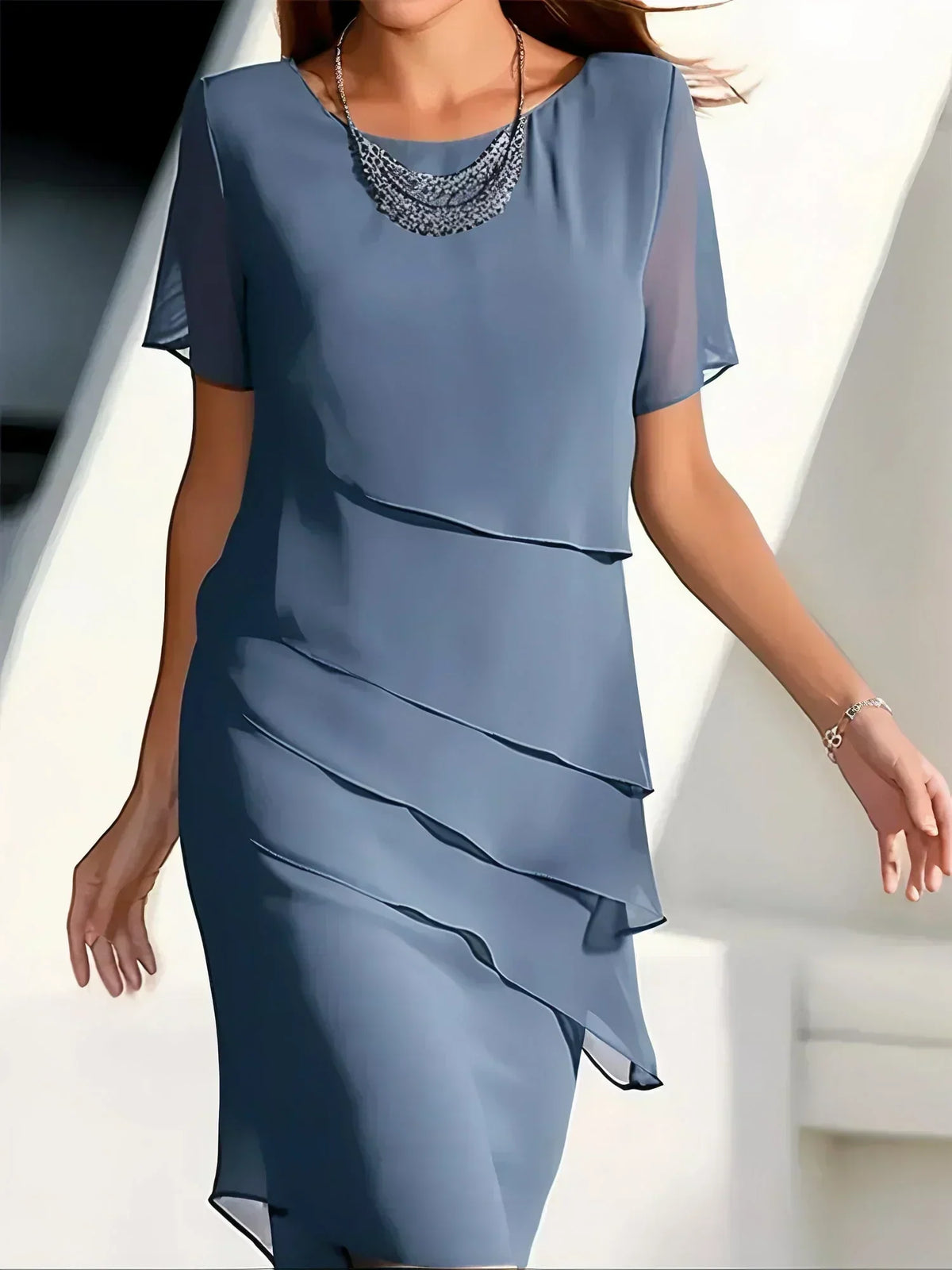 Beaded Neckline Flutter Sleeve Diagonal Tiered Cocktail Dress