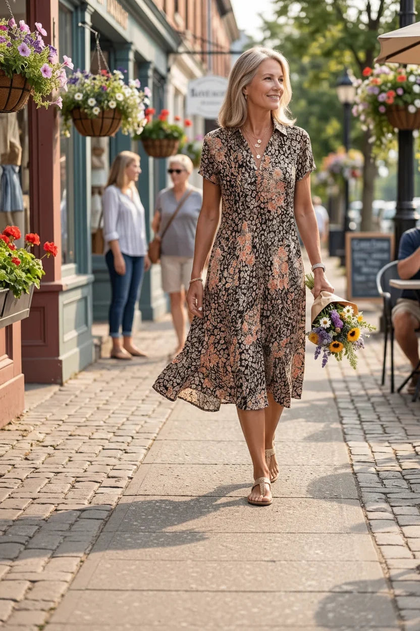 Floral Print Short Sleeve Button Front Midi Dress