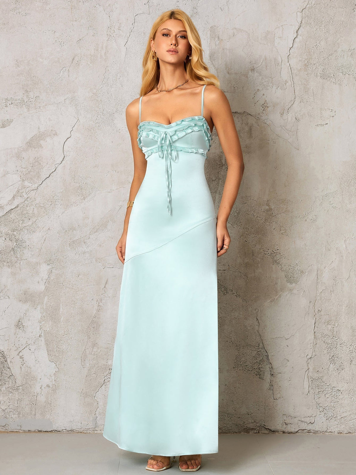 Backless Ruffle Trim Tie Front Satin Dress