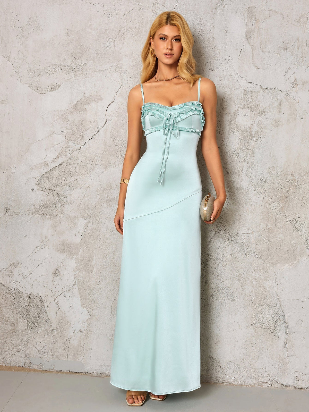 Backless Ruffle Trim Tie Front Satin Dress - View 4
