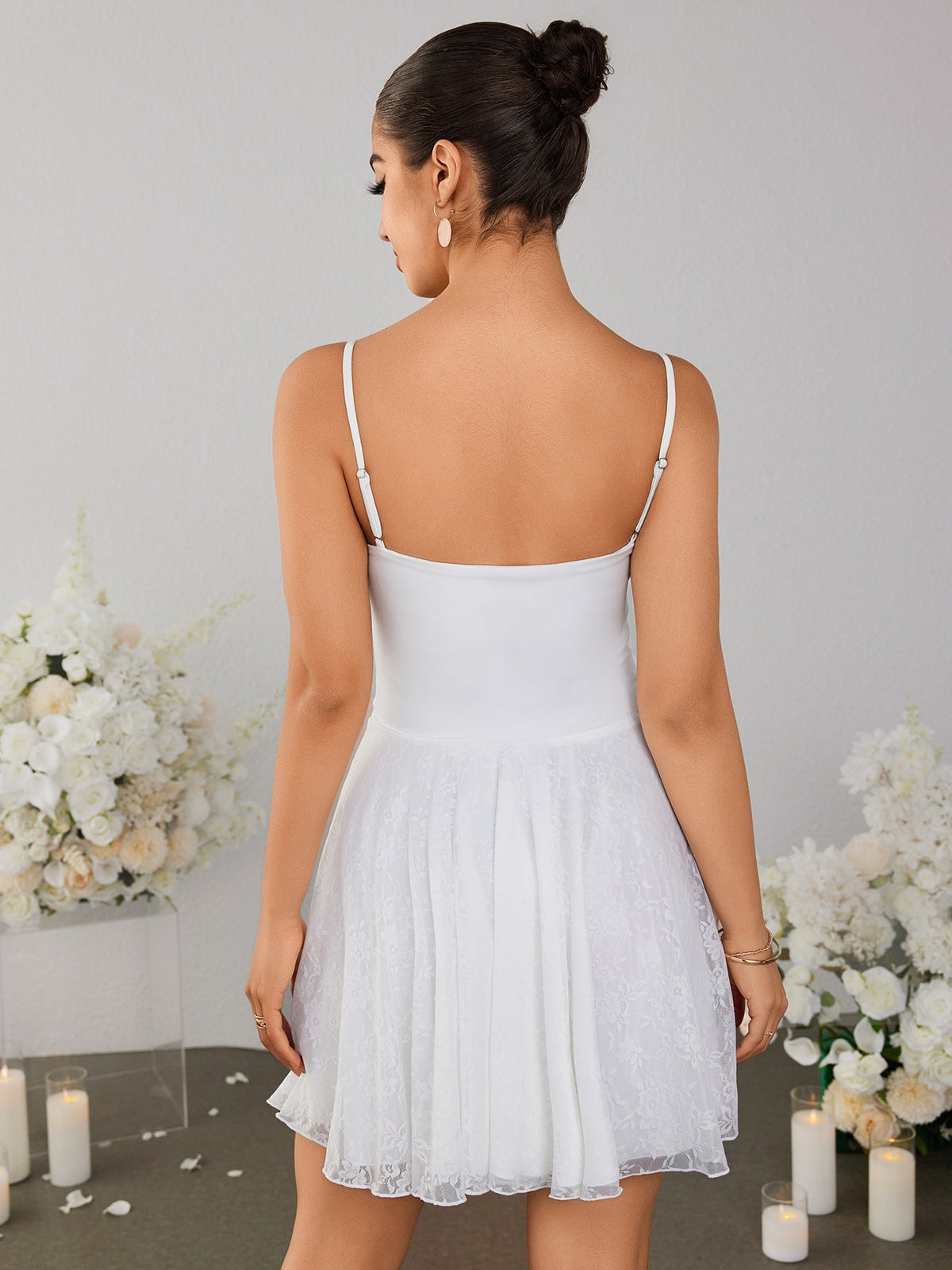 Backless Satin Patchwork Lace Hem Cami Dress - View 2