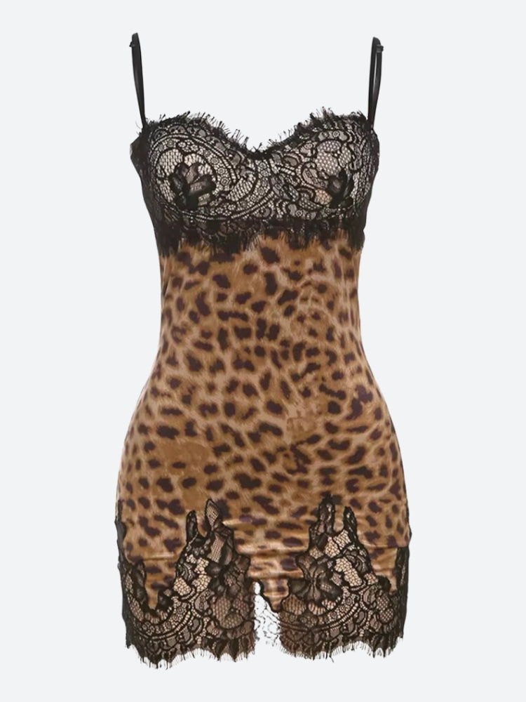Baddie Leopard Lace Mini Dress in Brown - View 4