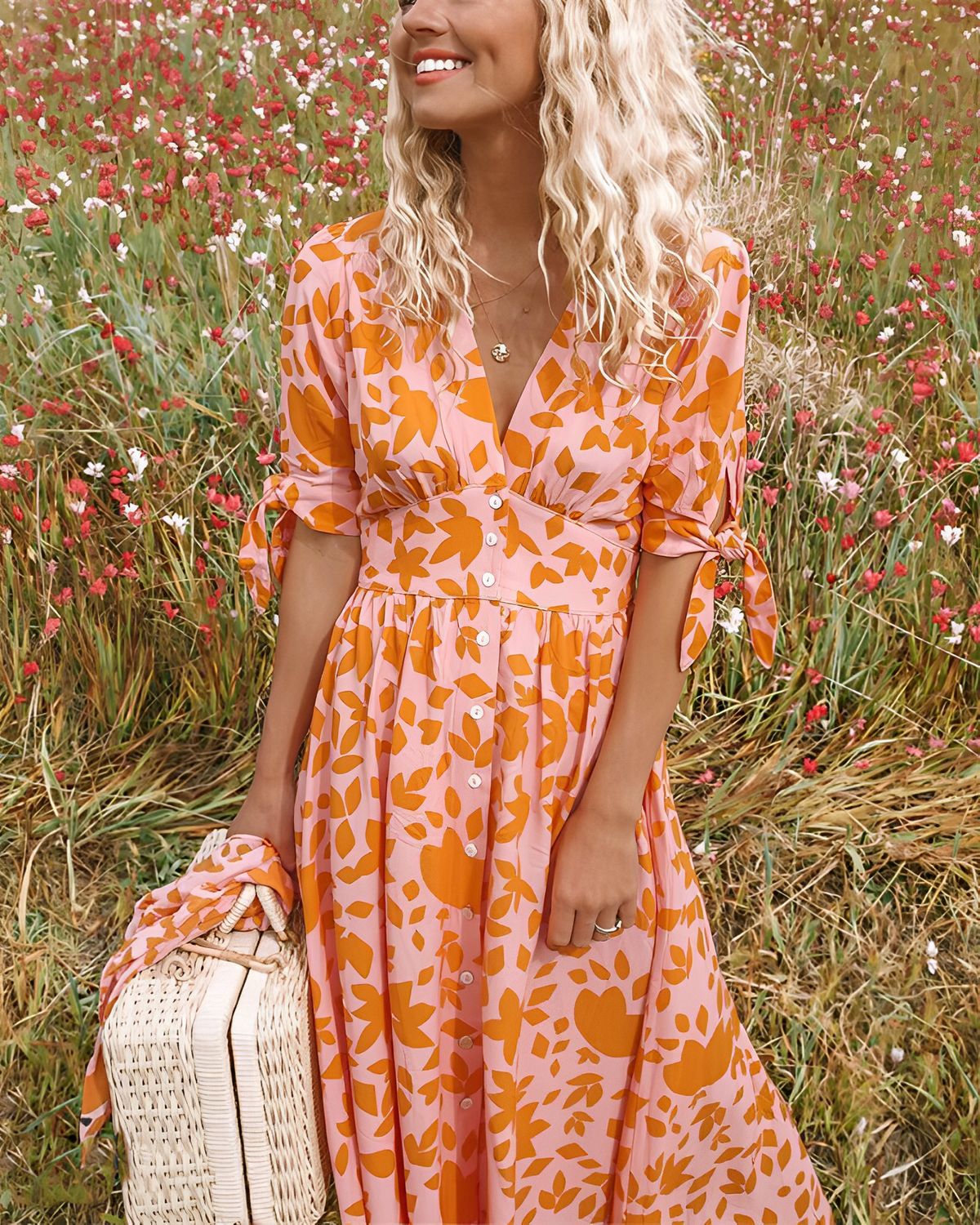 Botanical Print Deep V-Neck Tie Sleeve Button Front Midi Dress